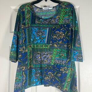Vibrant Blue and Green Boxy Blouse with 3/4 Sleeves